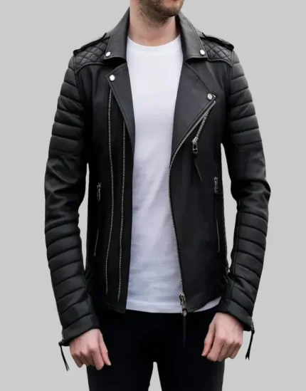 male Moto Style Black Genuine Leather Jacket