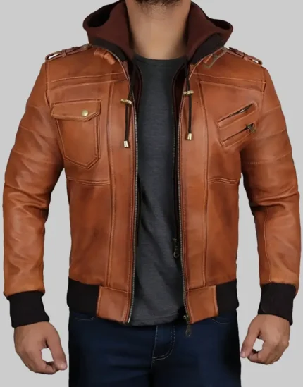 Men Brown Bomber Leather Jacket