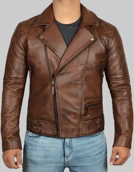 Dark Brown Quilted Asymmetrical Vintage Biker Lambskin Leather Jacket by GL for male