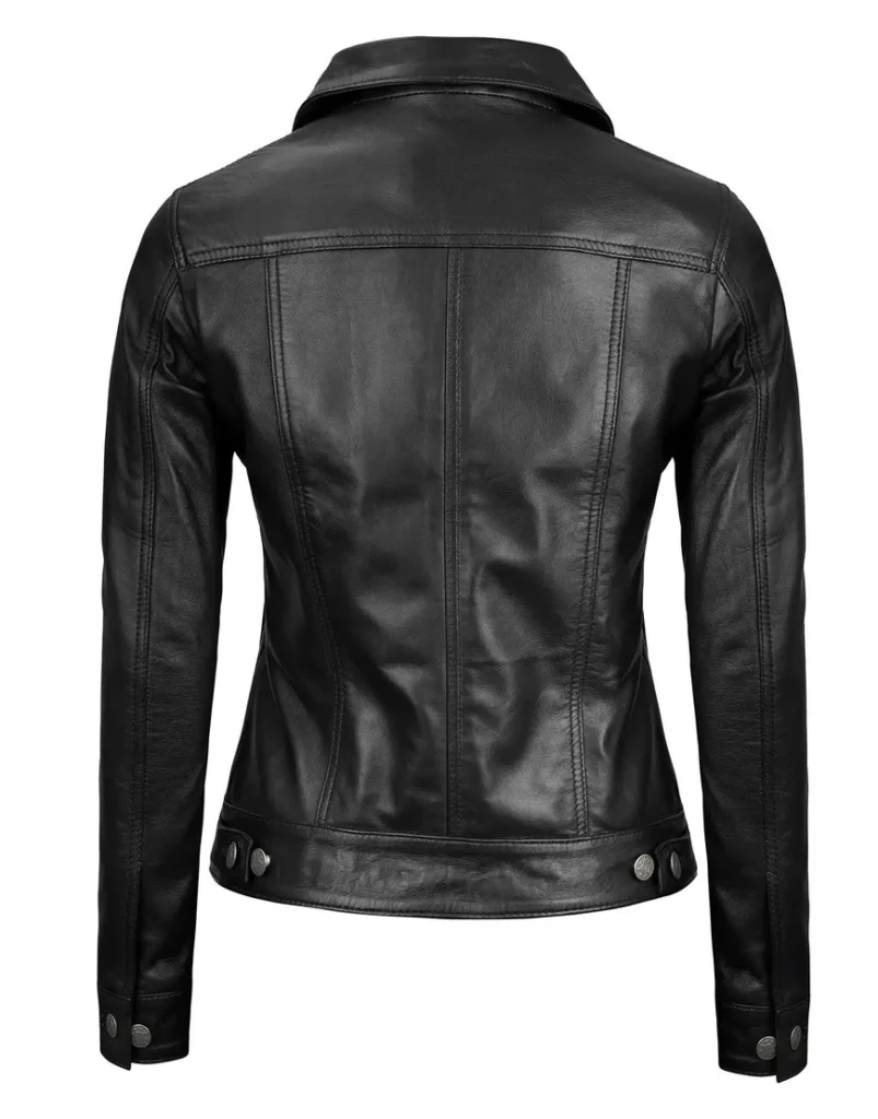 Women's Black Four-Pocket Trucker Leather Jacket – 100% Real Lambskin