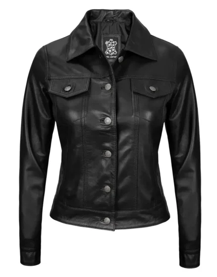 Black Four-Pocket Trucker Leather Jacket for women