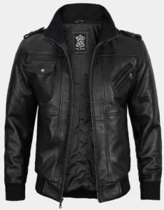 Black Bomber Leather Jacket with Removable Hood