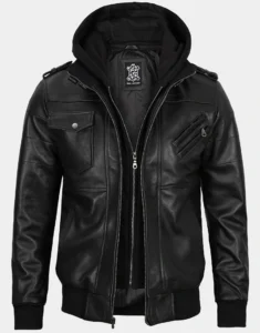 Black Bomber Leather Jacket with Removable Hood by GL