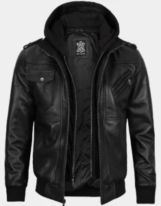 Black Bomber Leather Jacket with Removable Hood by gloss leather