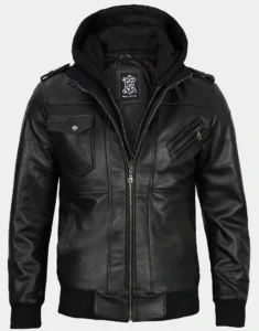 Black Bomber Leather Jacket with Removable Hood by GL for men