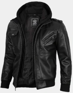 Black Bomber Leather Jacket with Removable Hood by GL for male