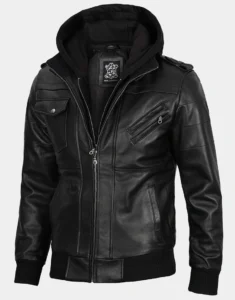 Black Bomber Leather Jacket with Removable Hood by GL for boys