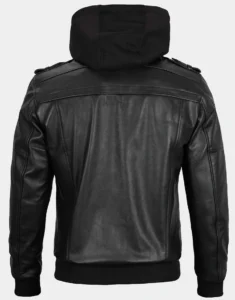 Black Bomber Leather Jacket with Removable Hood by Gloss leather for boys