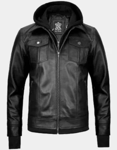 Tralee Men's Black Bomber Hooded Leather Jacket – Timeless appeal by gloss leather