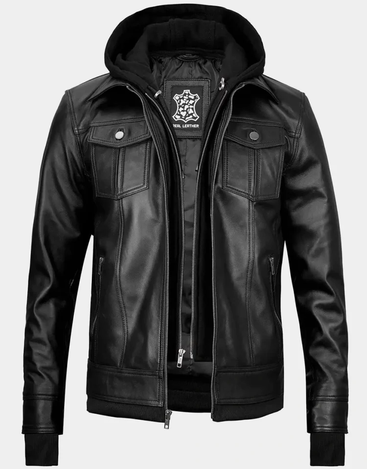 Tralee Black Bomber Hooded Leather Jacket