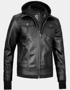 Tralee Black Bomber Hooded Leather Jacket by GL