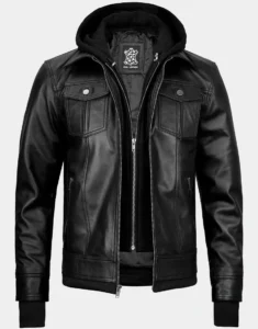 Tralee Black Bomber Hooded Leather Jacket by GL for men