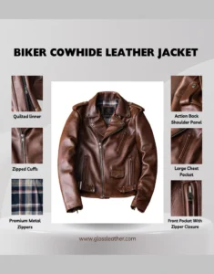 Biker Thick Cowhide Brown Leather Jacket by GL for male