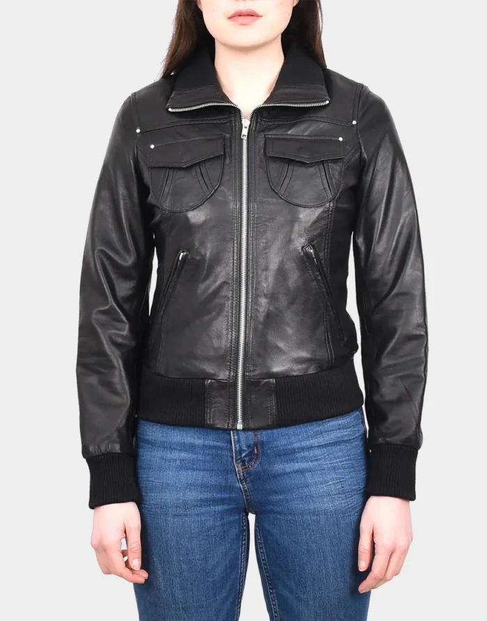 Womens Black Bomber Classic Leather Jacket