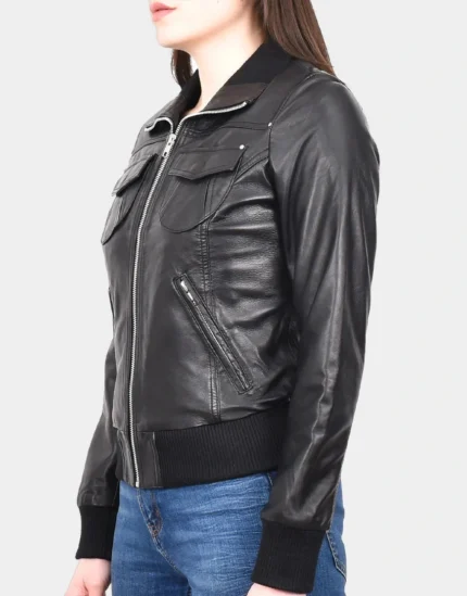 female Black Bomber Classic Leather Jacket