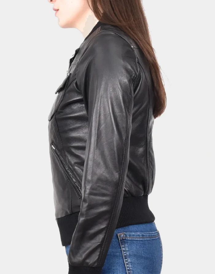 Womens Black Bomber Classic Leather Jacket by GL