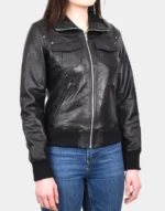 female Black Bomber Classic Leather Jacket by gloss leather