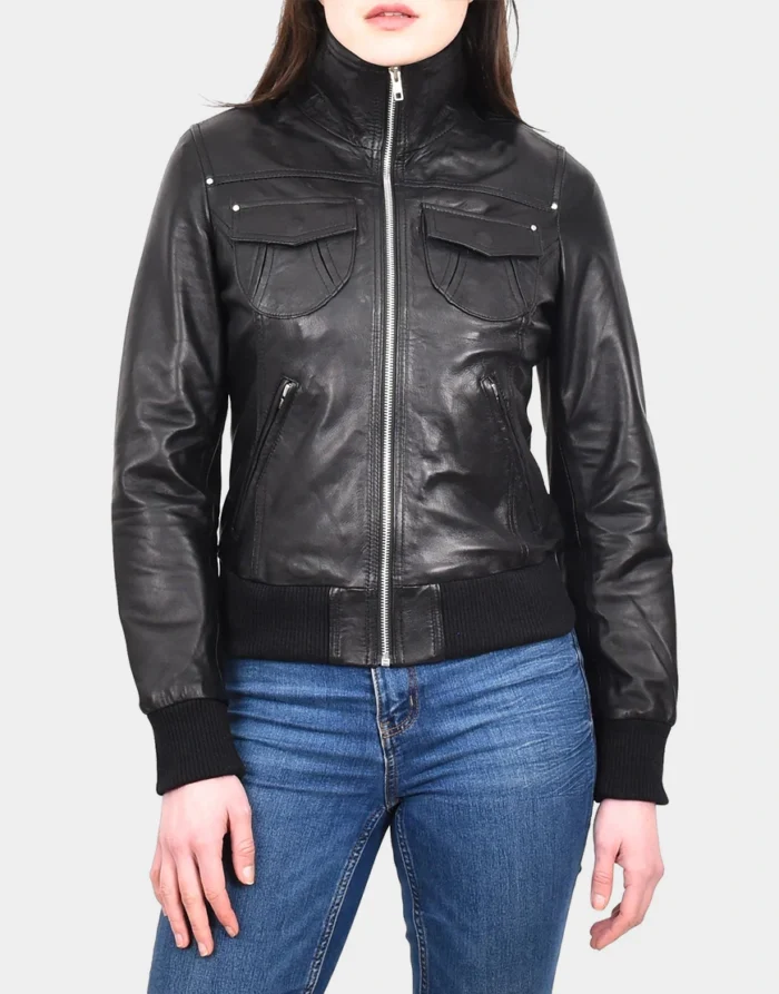 Black Bomber Classic Leather Jacket by GL for women