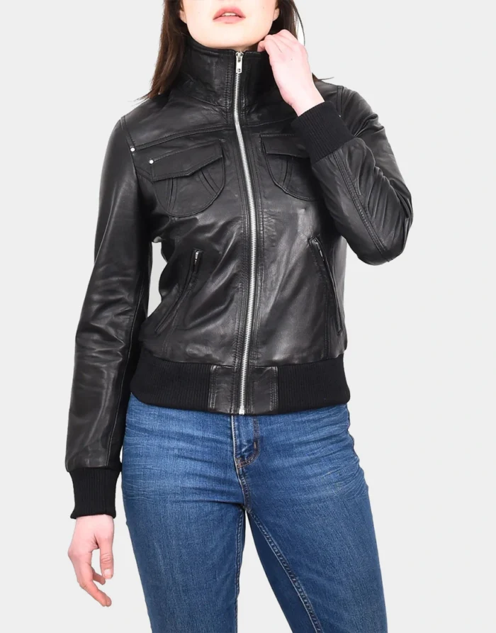 Black Bomber Classic Leather Jacket by GL for female