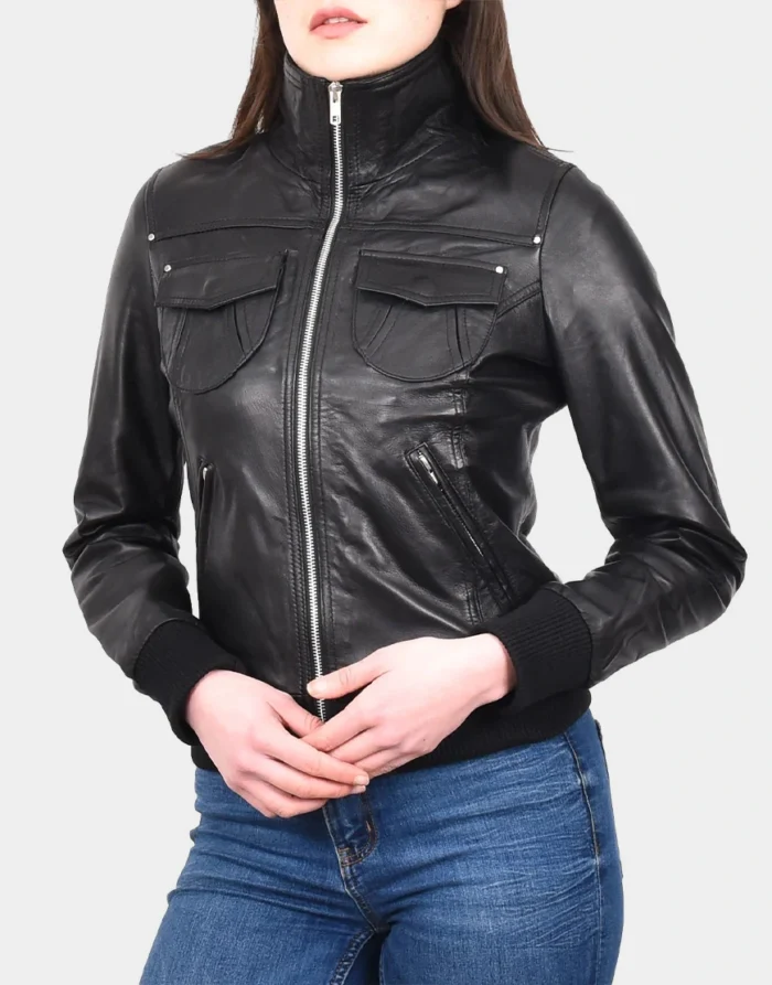 Black Bomber Classic Leather Jacket by GL for girls