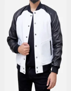 Wool Blended Black and White Men's Bomber Jacket by gloss leather