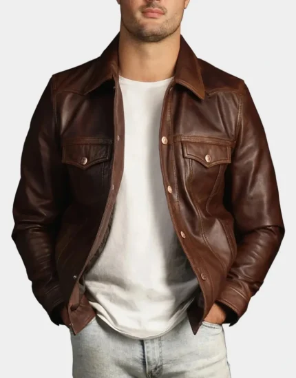 The Lumberjack Brown Washed-Off Leather Trucker Jacket