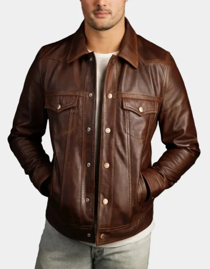 The Lumberjack Brown Washed-Off Leather Trucker Jacket by GL for male