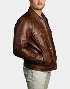 The Lumberjack Brown Washed-Off Leather Trucker Jacket by GL for boys