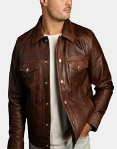 The Lumberjack Brown Washed-Off Leather Trucker Jacket by gloss leather