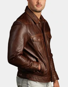 The Lumberjack Brown Washed-Off Leather Trucker Jacket by gloss leather for male