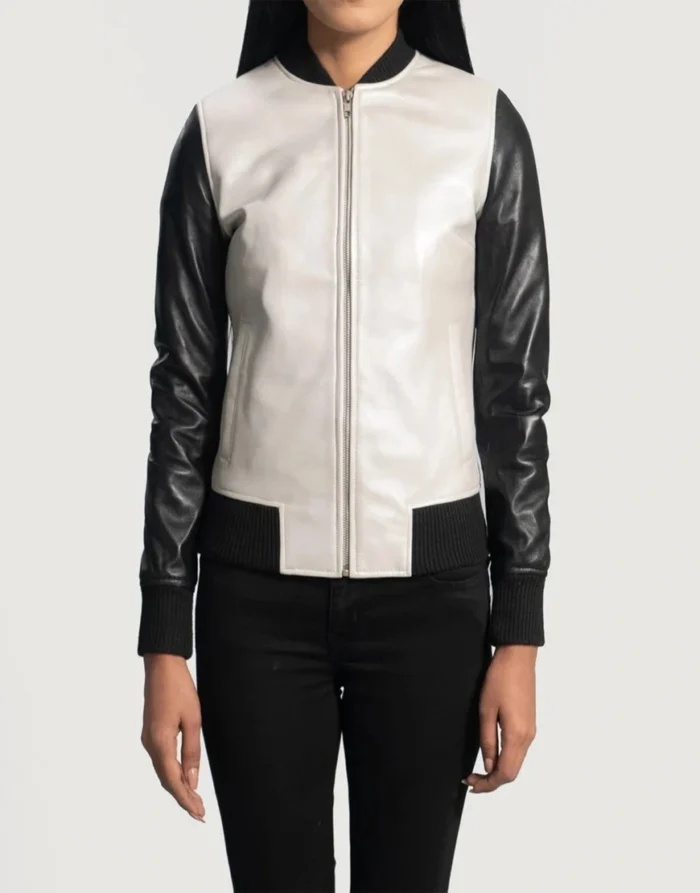 GL's White and Black Bomber Leather Jacket for female