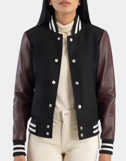 Julie Maroon & Black Hybrid Varsity Jacket for Women by GL for girls