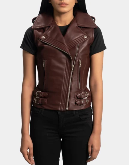 Rhonda Maroon Leather Biker Vest by Gloss Leather