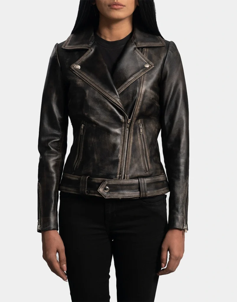 Rumy Distressed Brown Leather Biker Jacket for Women's