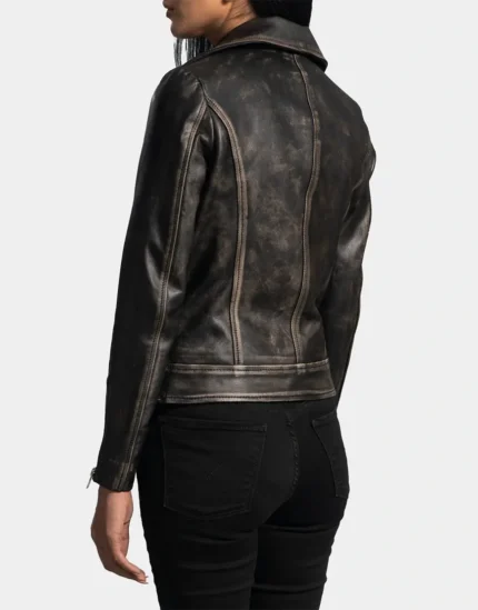 Rumy Distressed Brown Leather Biker Jacket by gloss leather for female