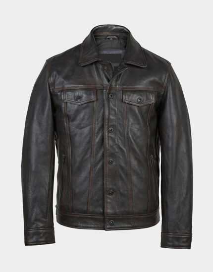 Elvis Men Black Antique Denim Leather Jacket