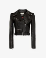 women cropped black leather jacket